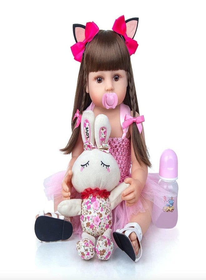 EXOMOON دمى أطفال حديثي الولادة من إكسومون، مصنوعة من السيليكون، جسم كامل، فتاة، شعر طويل بطول 22 بوصة، دمى مقاومة للماء، بتصميم تشريحي دقيق، فستان وردي، طقم هدايا عيد ميلاد للبنات - Image 2